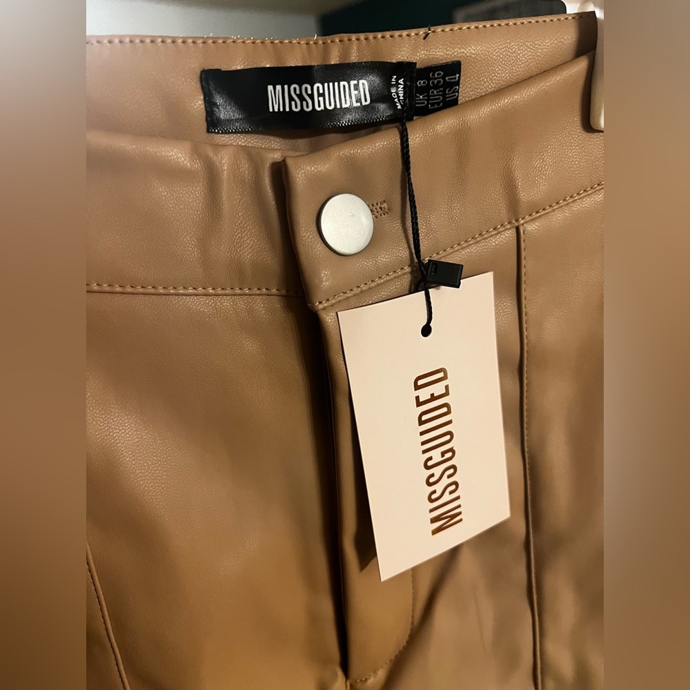 Missguided Tan Faux Leather Split Front Pants - Picture 7 of 7